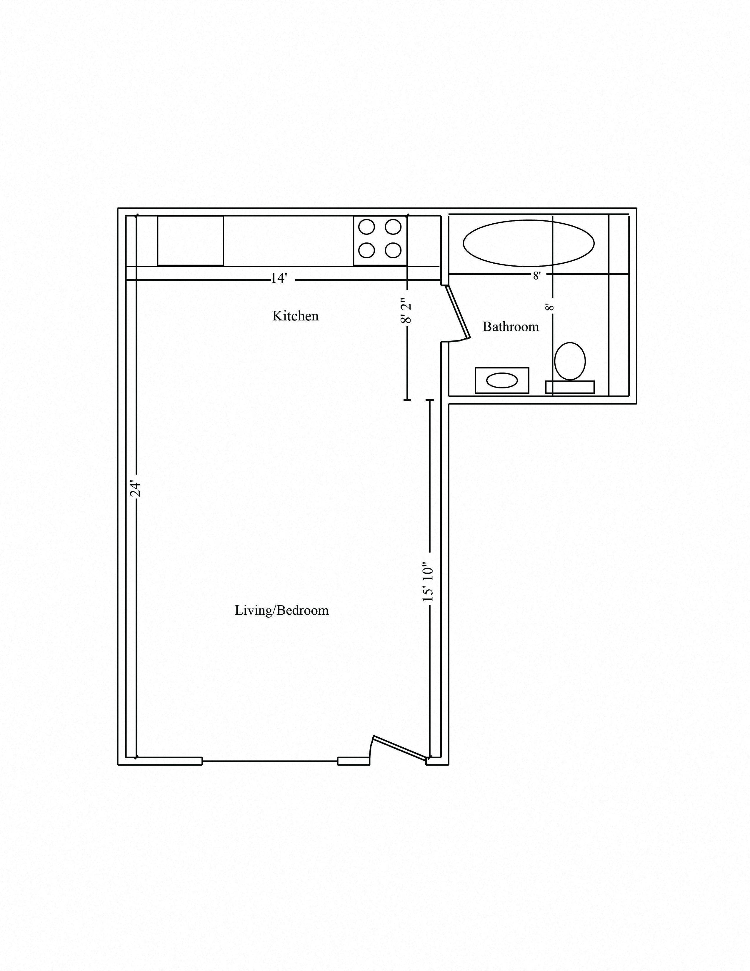 Floor plan for studio, 1 bath, 400 sqft